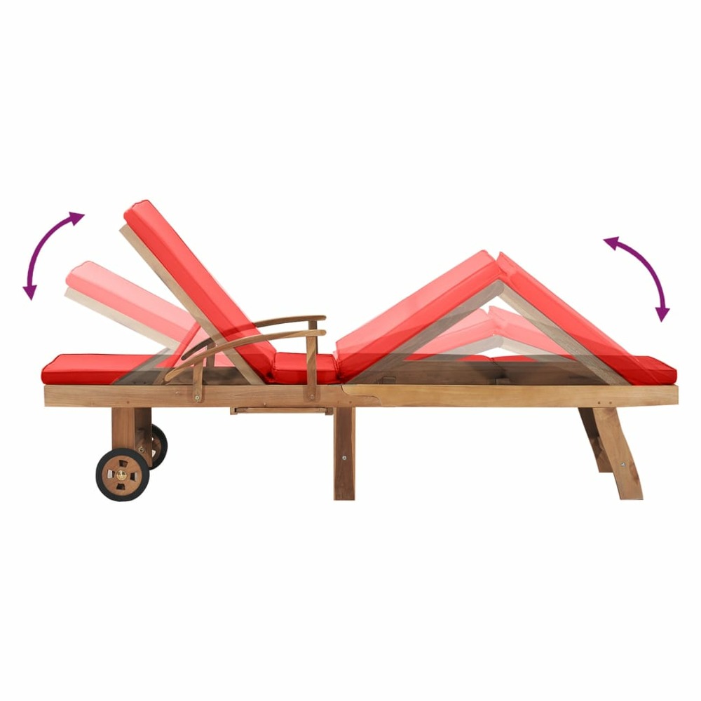Transat chaise longue bain de soleil lit de jardin terrasse meuble d'extérieur avec coussin bois de teck solide rouge 02_0012