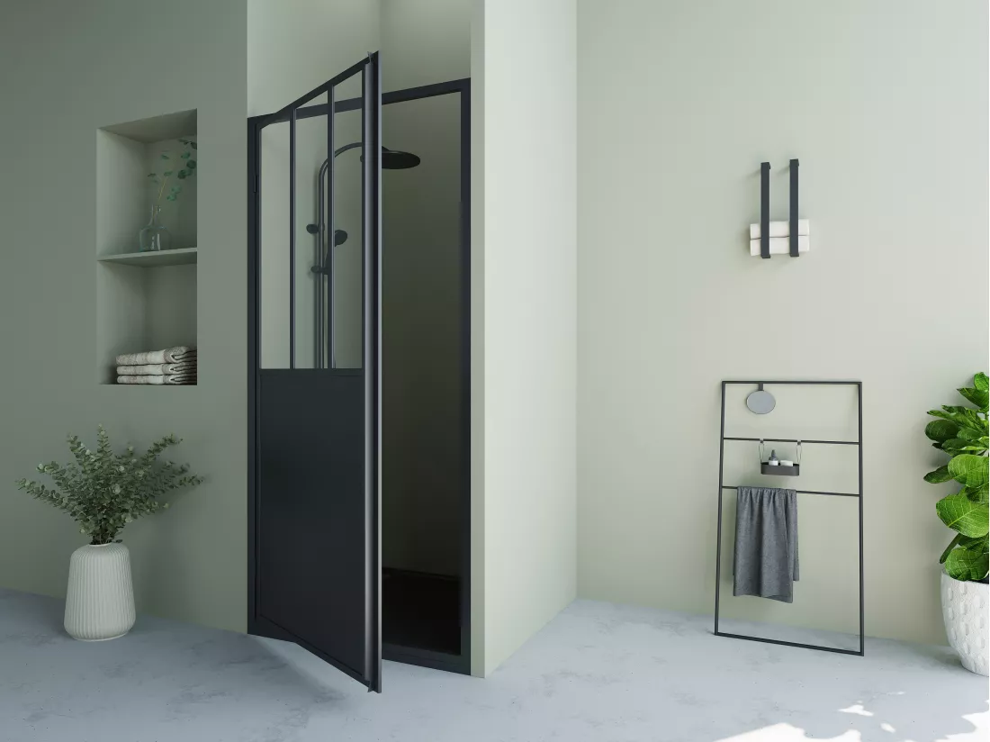 Porte de douche pivotante noir mat style atelier - 80 x 195 cm - URBANIK