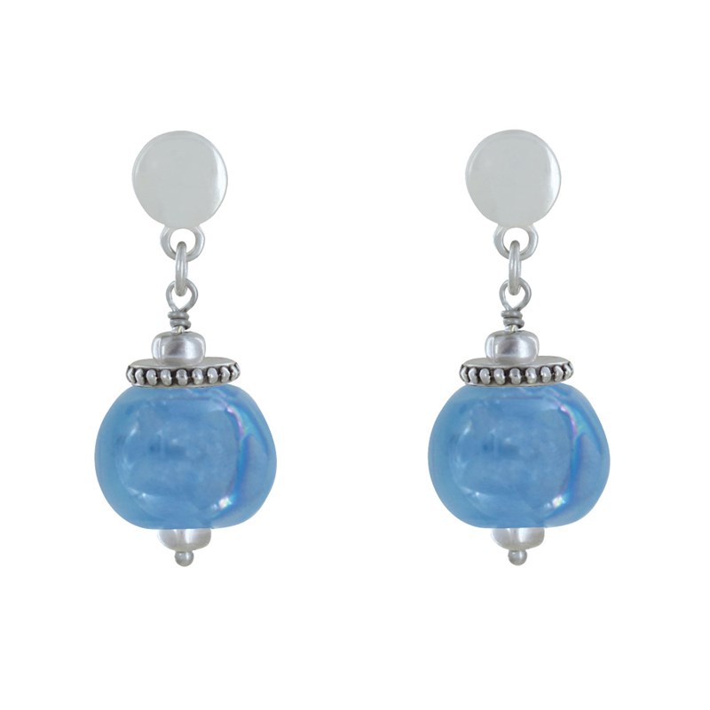 Boucles d'Oreilles Clous Métal Argenté et Grosses Perles en Céramique