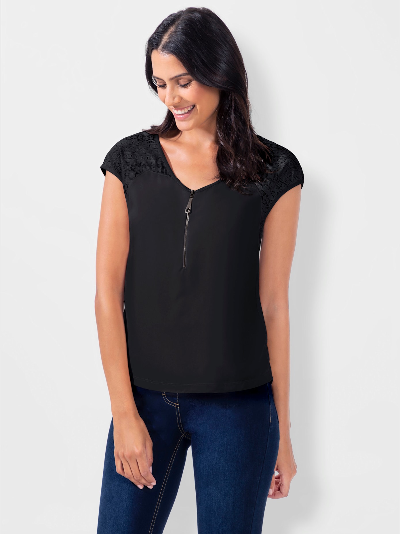 T-shirt col v à glissière épaules en dentelle