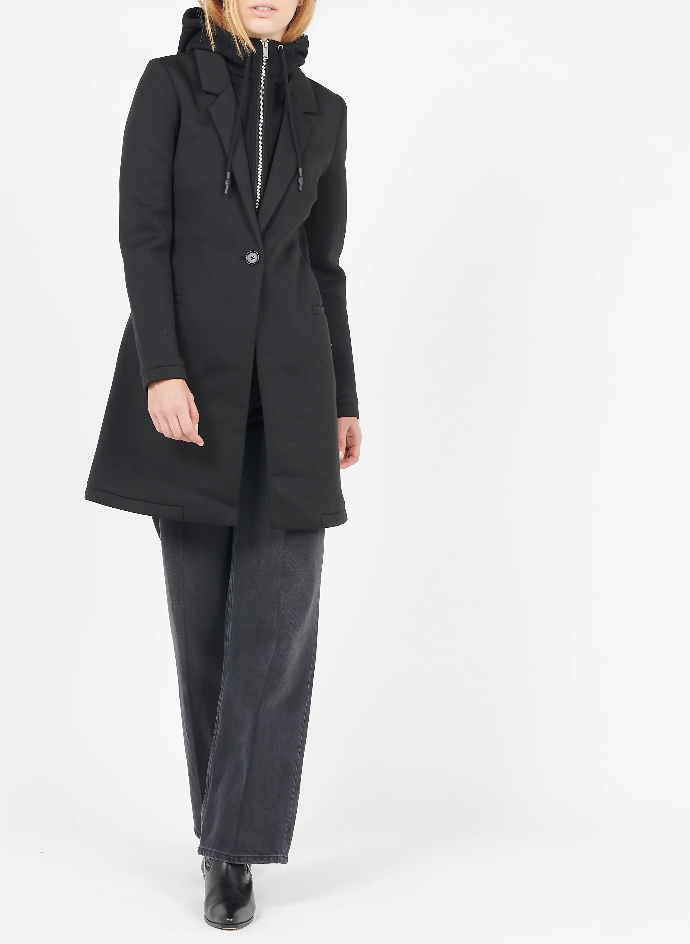 Manteau mi-long col tailleur à capuche| Noir