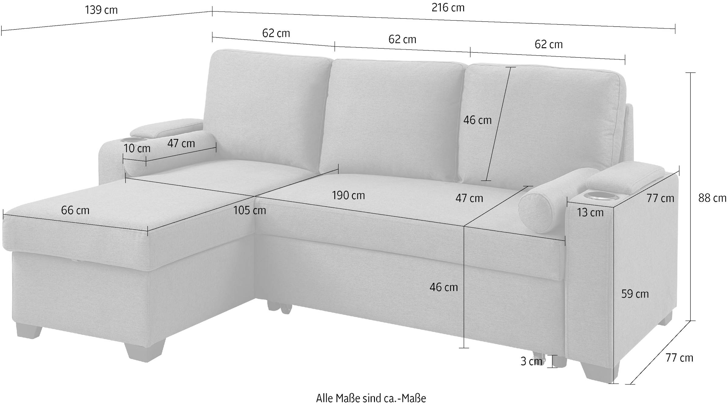 ATLANTIC home collection Ecksofa »Gorje L-Form« mit Schlaffunktion, Stauraum, Becherhalter, Staufächer & Kissenrollen