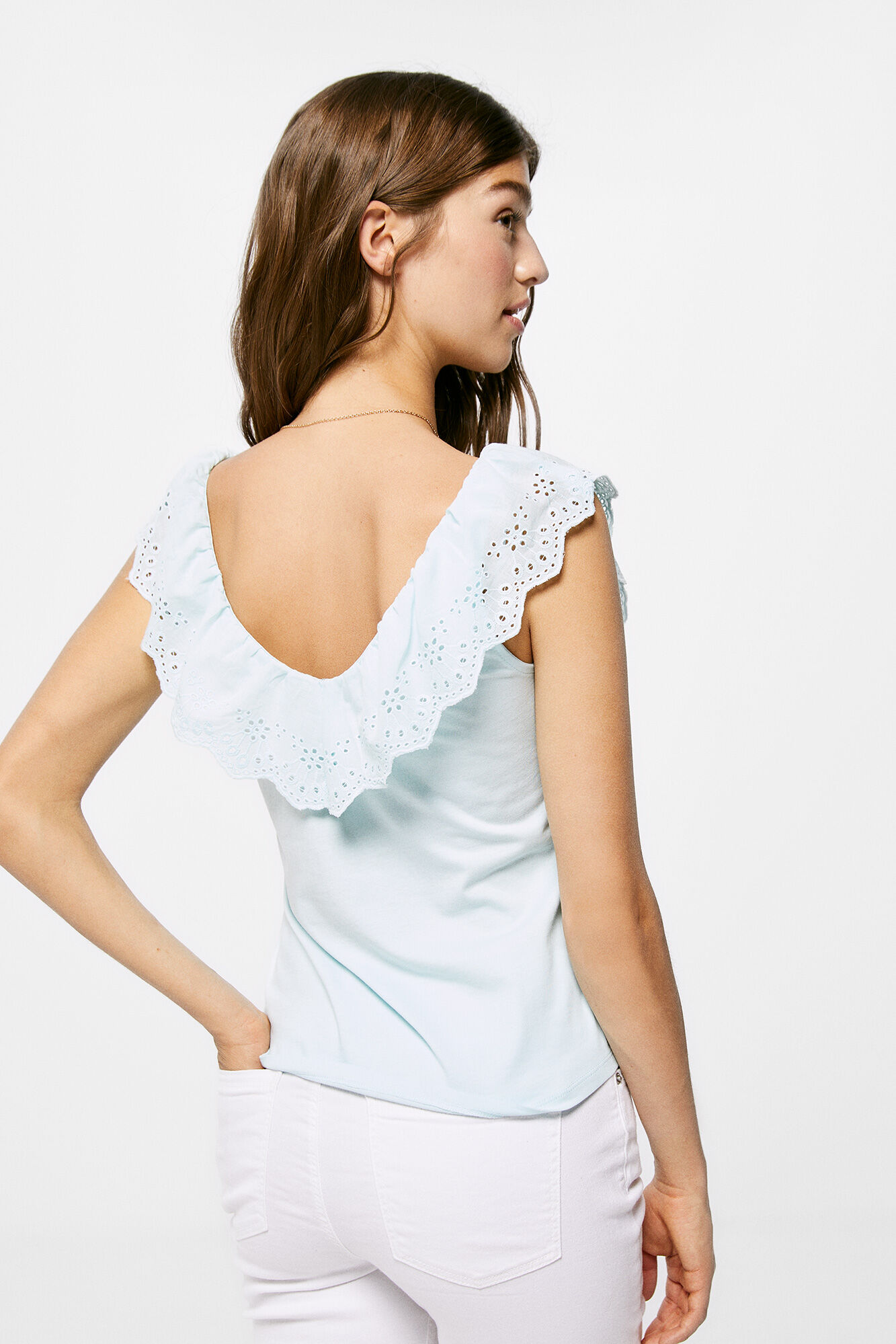 Camiseta com babados bordados - azul