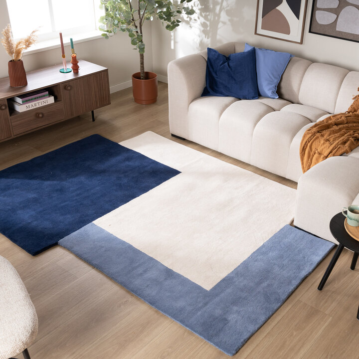 Wollen abstract vloerkleed - Jules Creme/Blauw