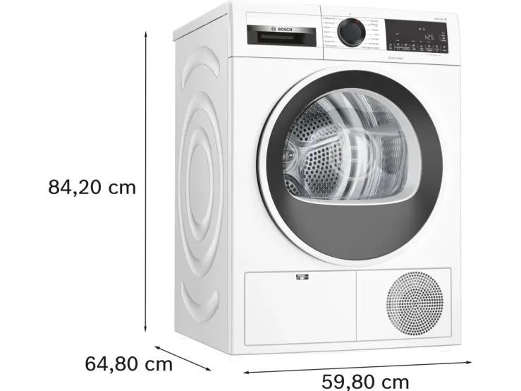 Bosch Serie 6 WQG242AISN, Fritstående, Front-læsning, Varmepumpe, Hvid, Knapper, Dreje, Højre
