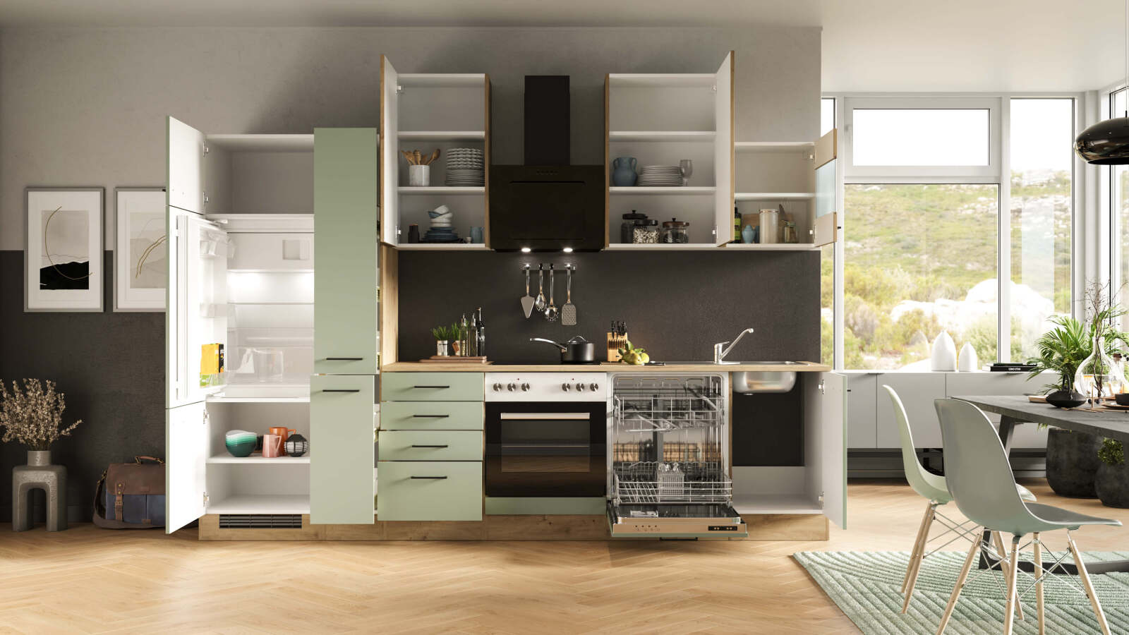 Küchenblock CARA - schilfgrün - Artisan Eiche - mit E-Geräten - 310 cm
