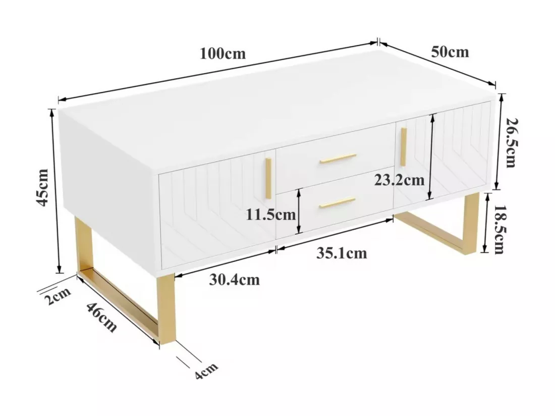 Table basse brillante 2 portes et 2 tiroirs, panneaux de particules, 100x50x45cm, Blanc