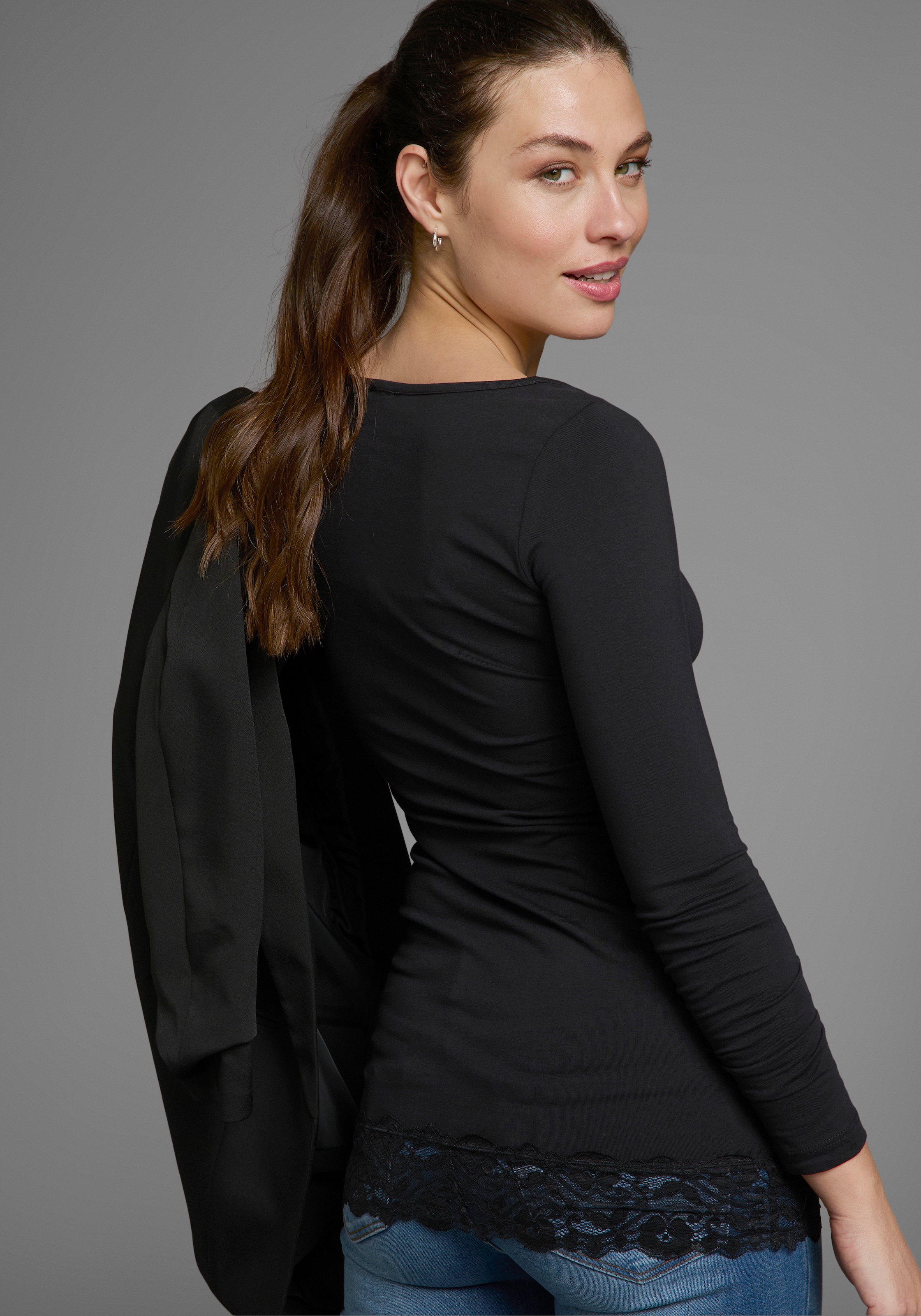 AJC Longshirt , Langarm,  figurbetonter Schnitt,  unifarben,  Rundhalsausschnitt