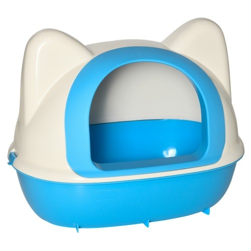Caixa de areia fechada PawHut, branca e azul, para gatos.