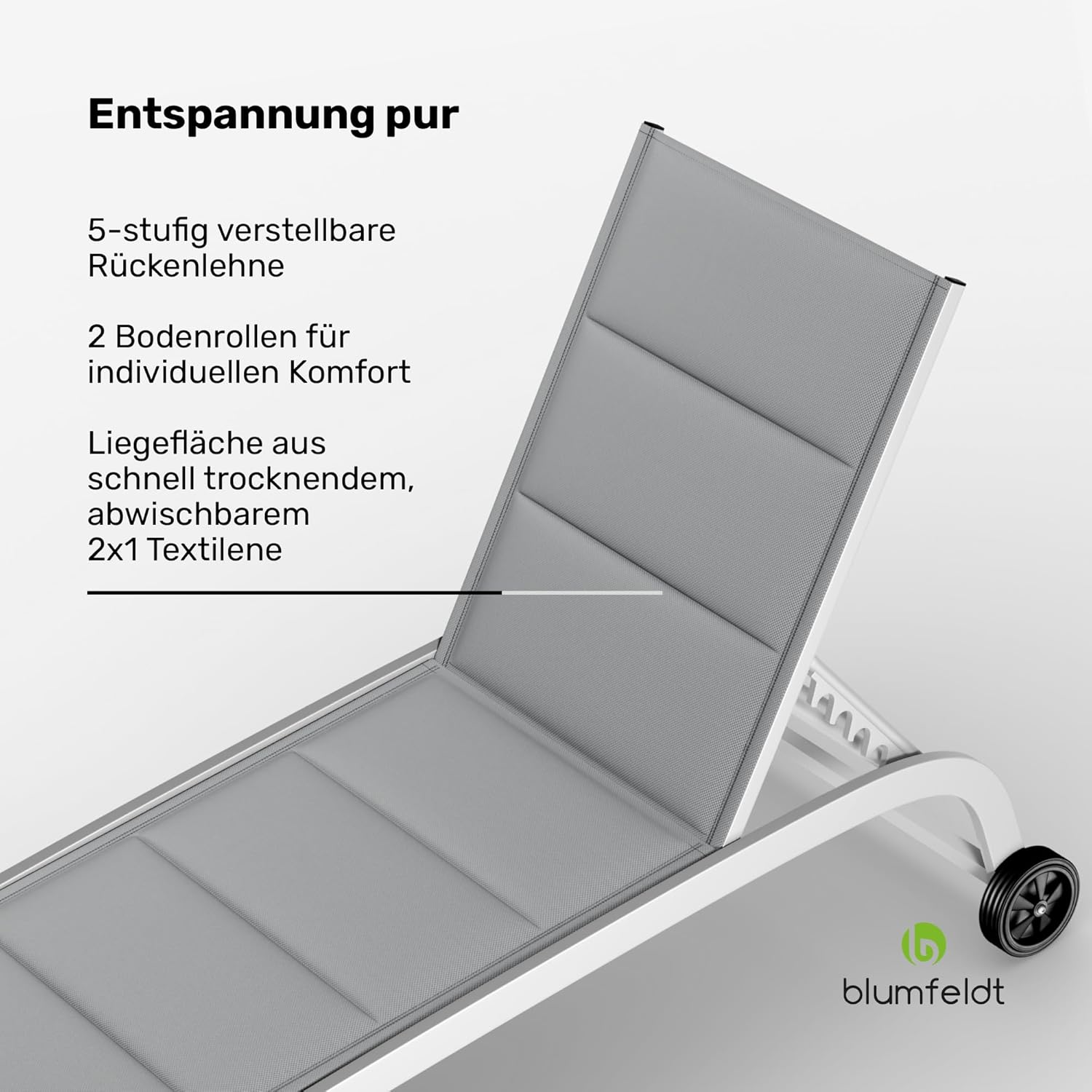 blumfeldt Sonnenliege, Gartenliege mit Verstellbarer Rückenlehne, Liegestuhl mit Rahmen aus Aluminium, Lounger mit wasserfesten Bezügen, mit Bodenrollen, Typ: Limala, weiß