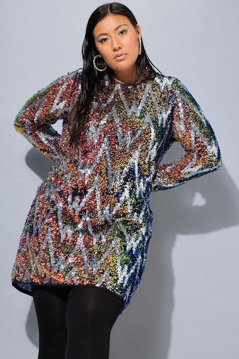 Kleid, A-Line, ZickZack Pailletten, Langarm