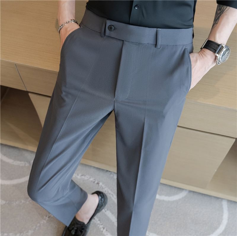 Lefitt - Mid Rise Plain Cropped Straight Leg Dress Pants