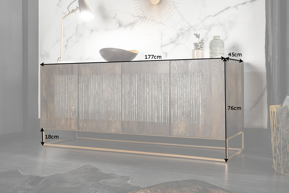 Massives Sideboard ONYX 180cm dunkelbraun Mangoholz Edelstein Achat gold Metallgestell