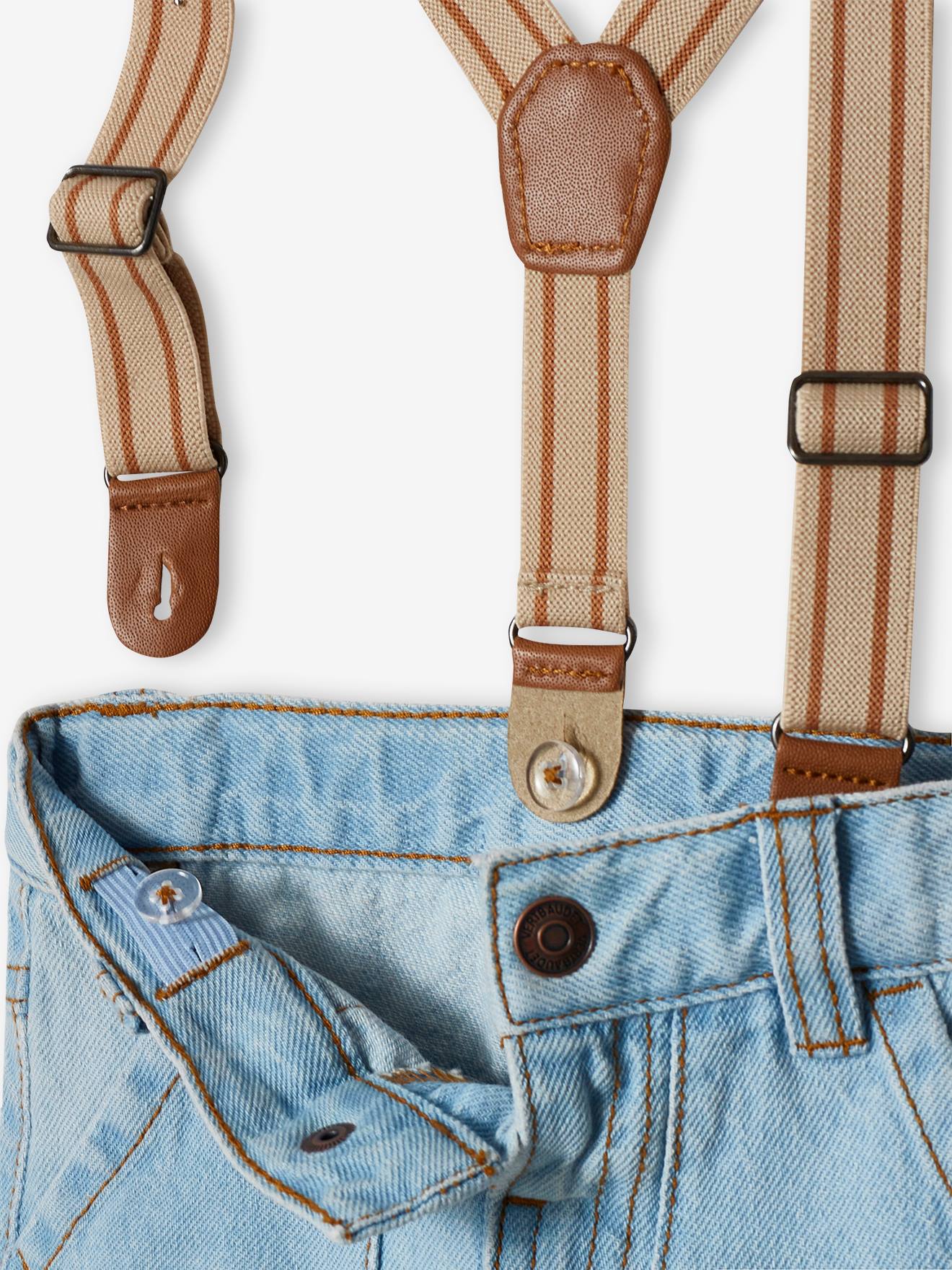 Calça jeans infantil com suspensórios removíveis, jeans desbotado