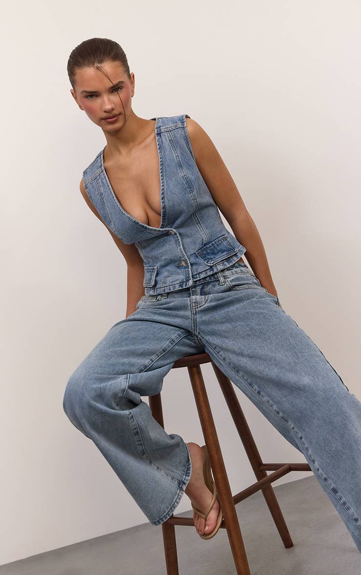 Mid Blue Wash Gilet En Jean Style Portefeuille Asymétrique