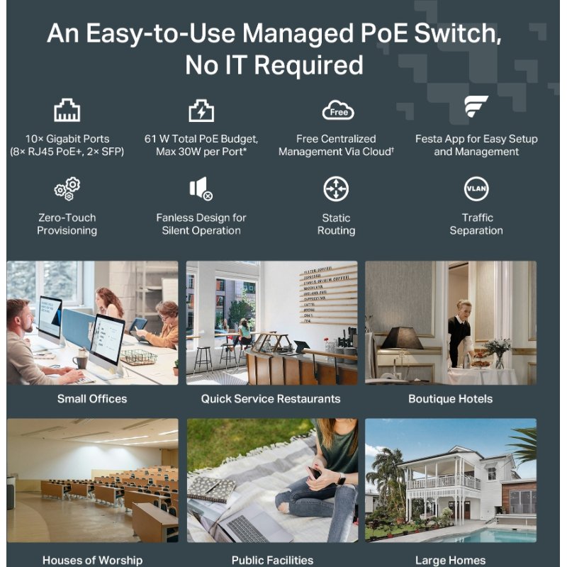 TP-Link FESTA FS310GP commutateur réseau Géré L2/L2+ Gigabit Ethernet (10/100/1000) Connexion Ethernet, supportant l'alimentation via ce port (PoE) 1U Blanc