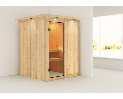 Plug & Play Sauna Karibu Achat I zonder kachel, met dakkroon en gebronsde volledig glazen deur