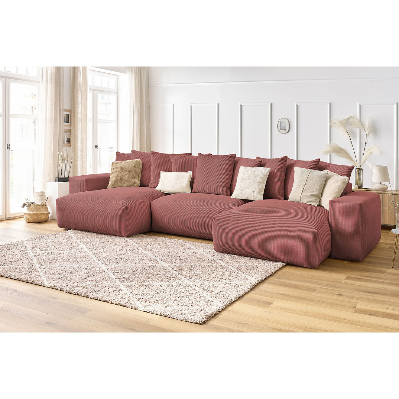 Bobochic Canapé panoramique fixe ultra moelleux voltaire velours côtelé rose - 420x174x75 cm