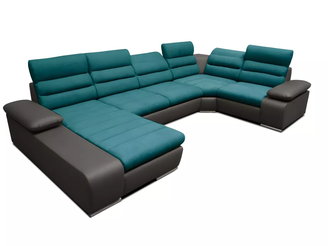 Canapé d'angle panoramique convertible en tissu et simili BOILEAU - Bicolore turquoise/anthracite - Angle gauche