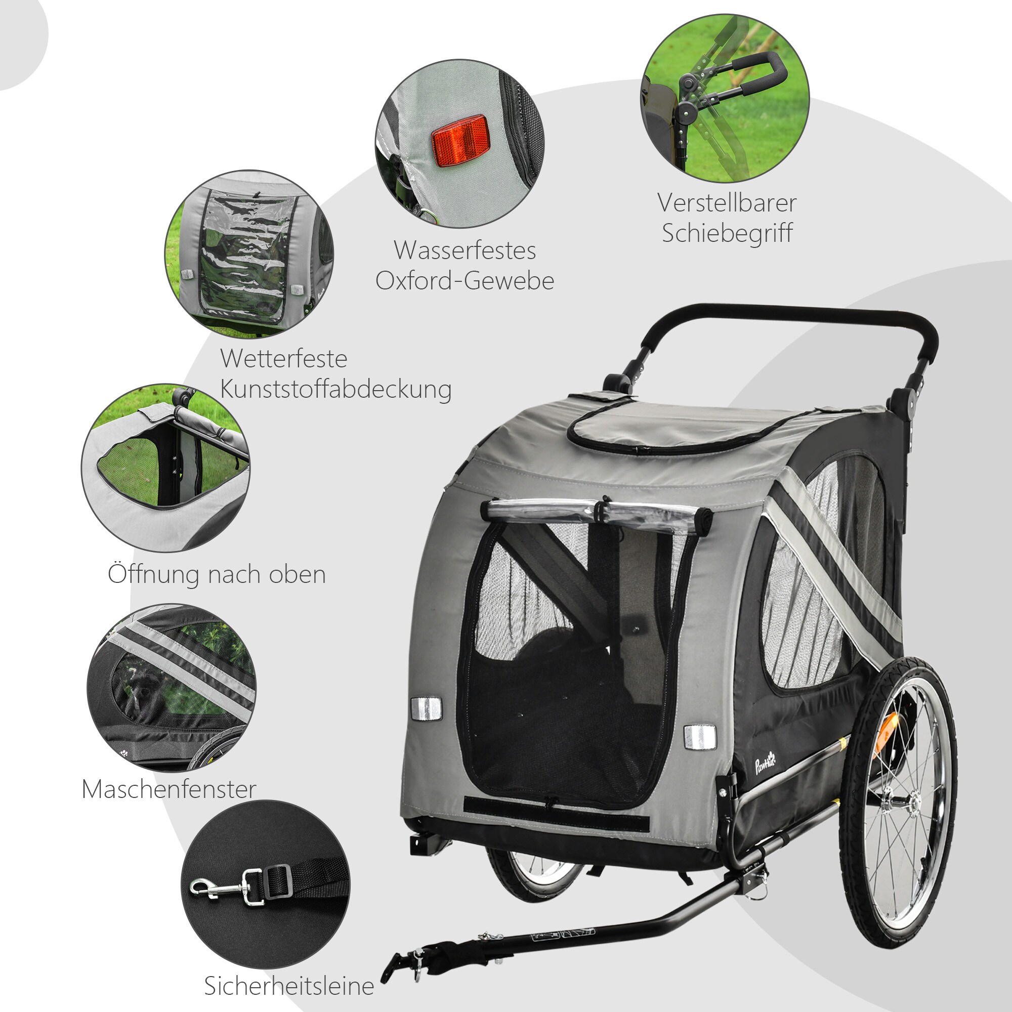 PawHut 2-in-1 Hundewagen und Anhänger mit Luftpumpe und roter Fahne grau 140L x 72,5B x 108H cm