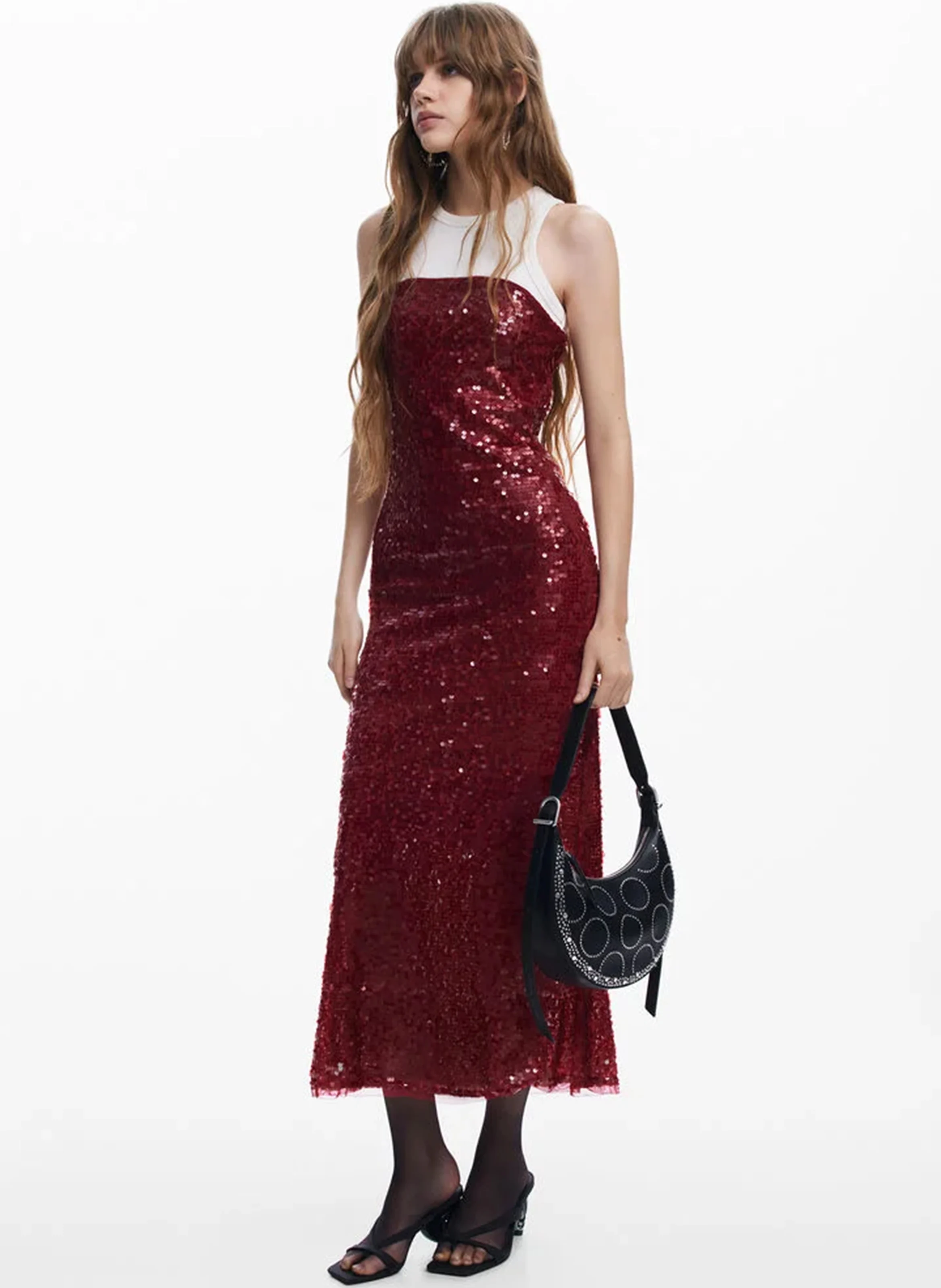 Robe midi combinée à sequins | Rouge