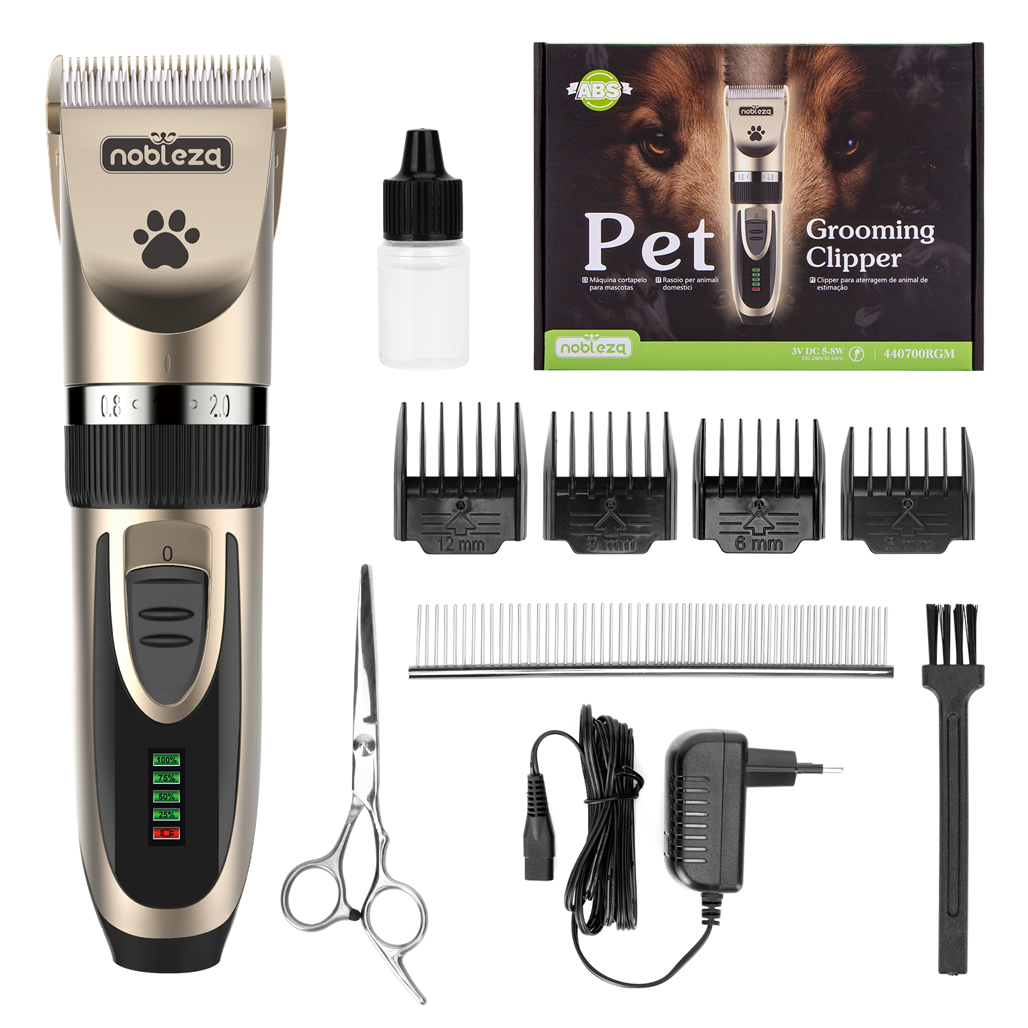 Nobleza - Conjunto de Máquina de Tosar Cães Profissional, Aparador de Pelos Sem Fio e Recarregável para Animais de Estimação de Pequeno, Médio e Grande Porte, 2 Velocidades Ajustáveis, Inclui Tesoura e Pente