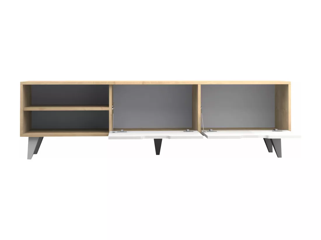 Meuble TV avec 2 portes et 2 niches - Blanc et Naturel - CORENIA