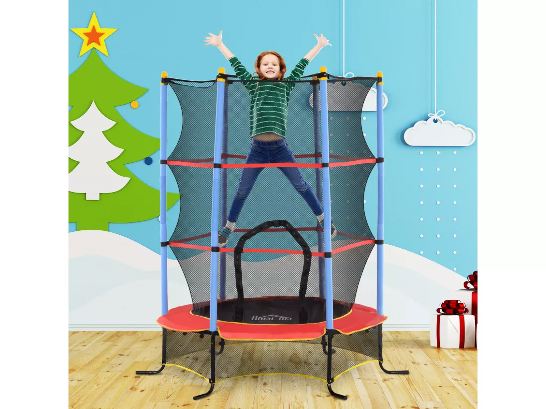 Trampoline de jardin enfant Ø 1,75 x 1,90H m filet de sécurité porte zipée couvre-ressorts + 6 poteaux rembourrés inclus rouge bleu noir