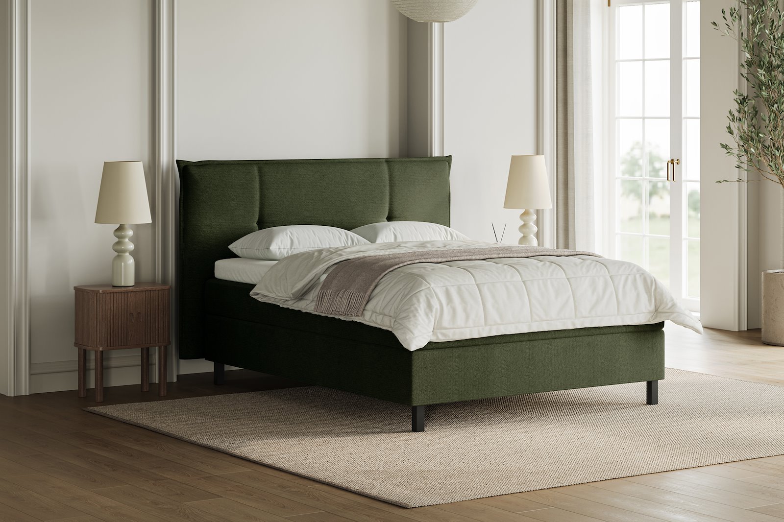 XOV Premium 15 Kontinentalseng 180x200 cm i tekstil copenhagen 502 grønn, medium/fast med Premium 15 overmadrass og sort firkantede ben, gavl selges separate