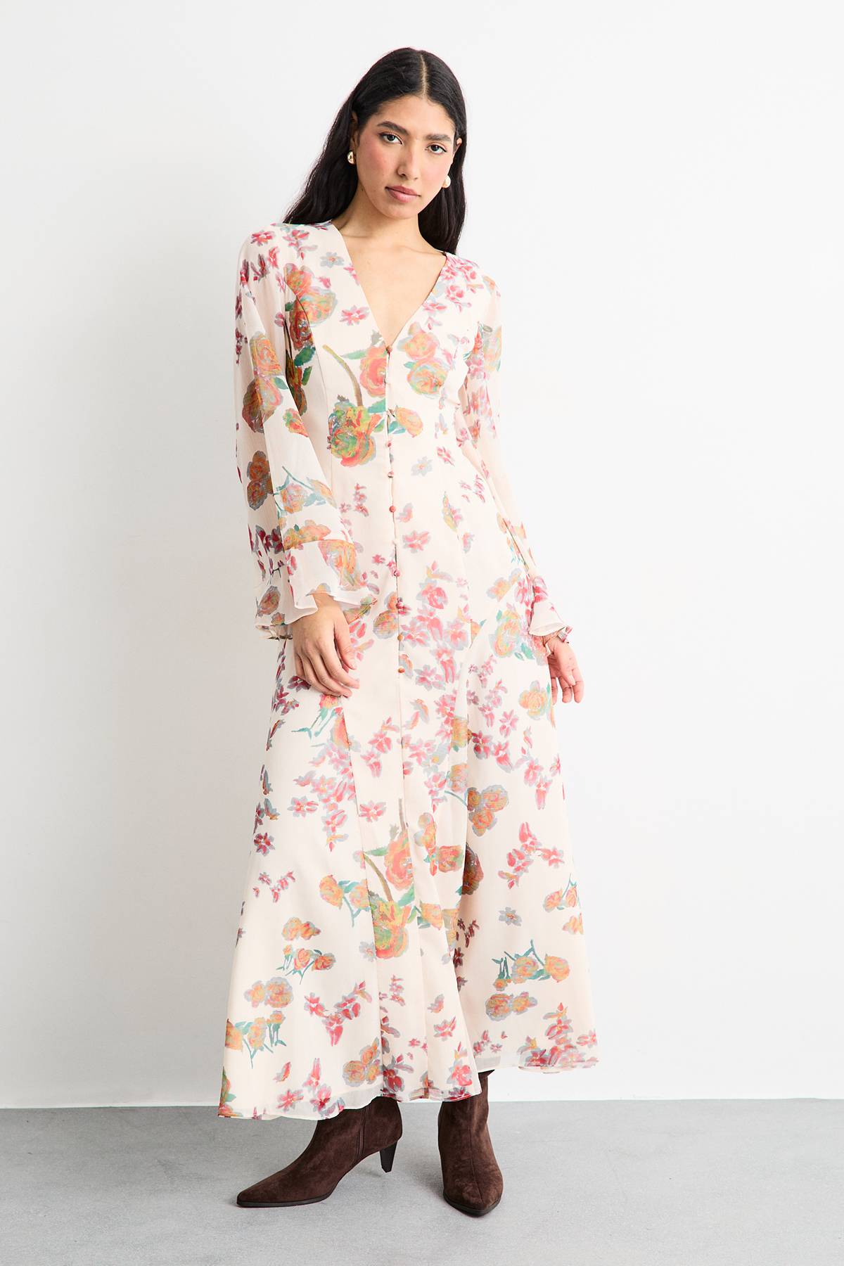Warehouse Robe Longue Bohème En Mousseline À Imprimé Floral Avec Boutonnage