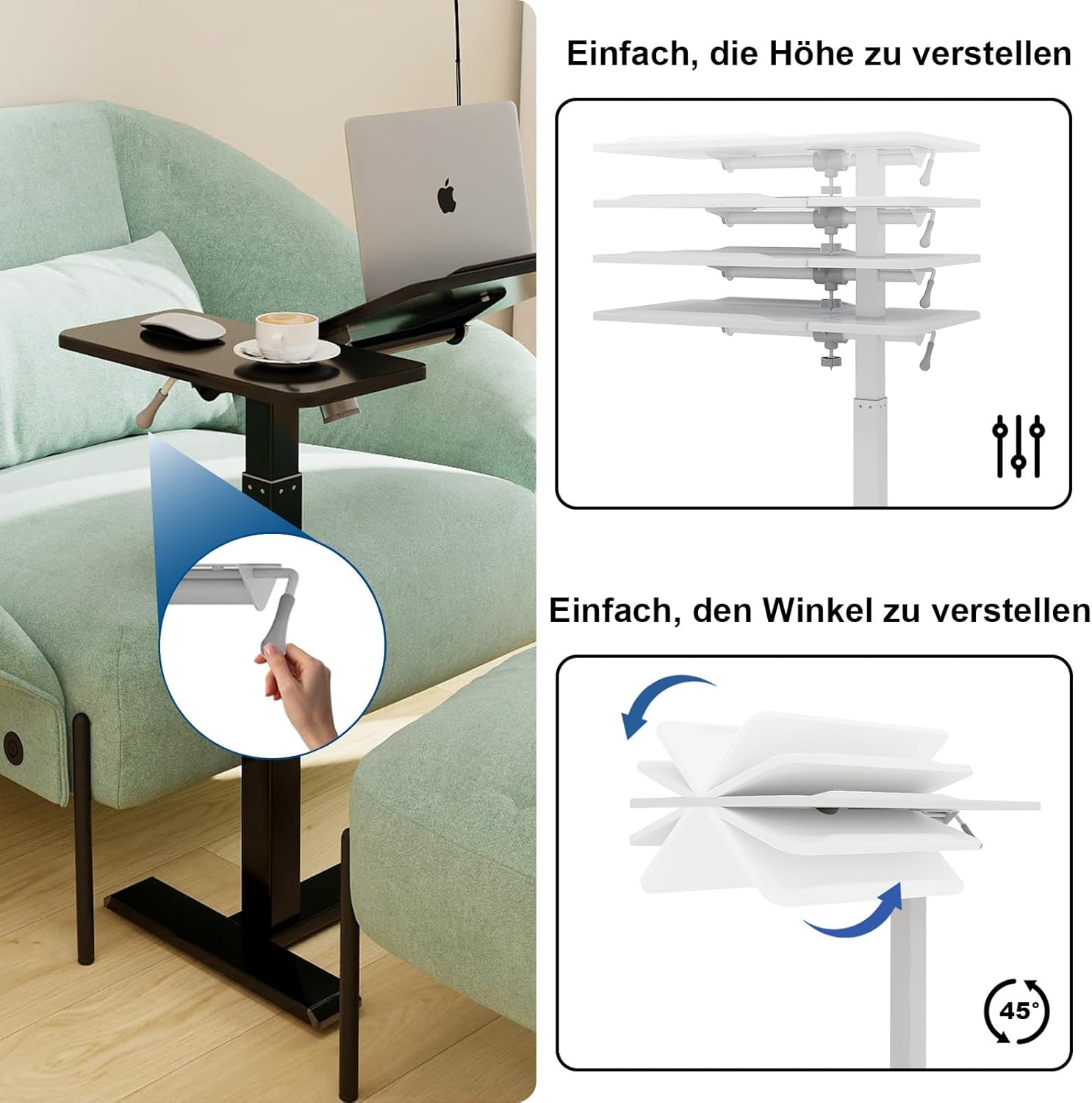 PUNCIA Laptoptisch höhenverstellbar 70-100cm drehbarer Laptopständer mit Rollen mobiles Stehpult Überbett-Tisch ergonomisch Steh-Sitztisch Präsentationswagen für Bett Sofa Büro Office Schwarz