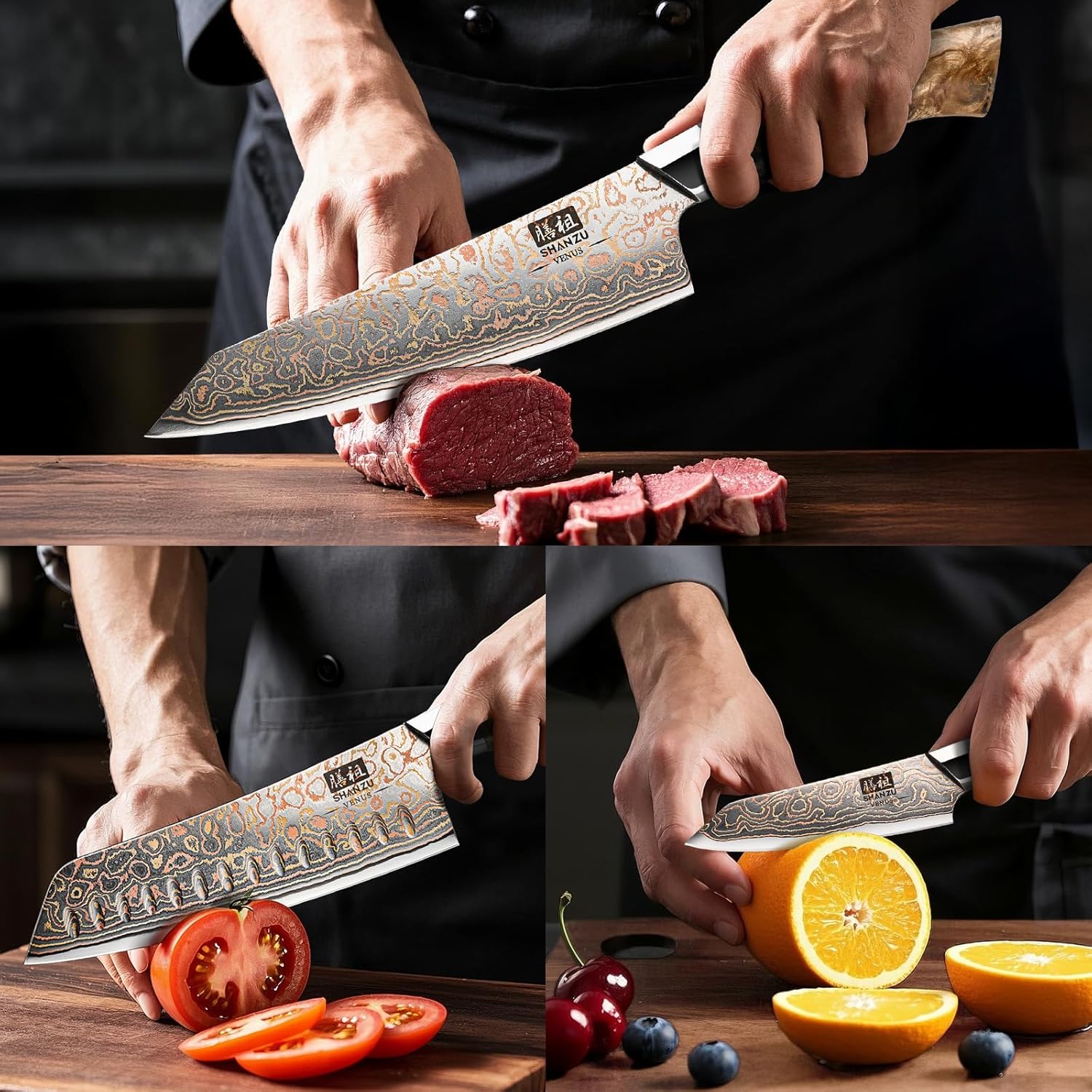 SHAN ZU Damast Küchenmesser Set 3-tlg, 33-Schichten Damaststahl & Kupfer Japanisches Kochmesser Set, Rasiermesserscharfe 12°-Klinge mit Ahornholzgriff Inklusive Koch-, Santoku- und Schälmesse