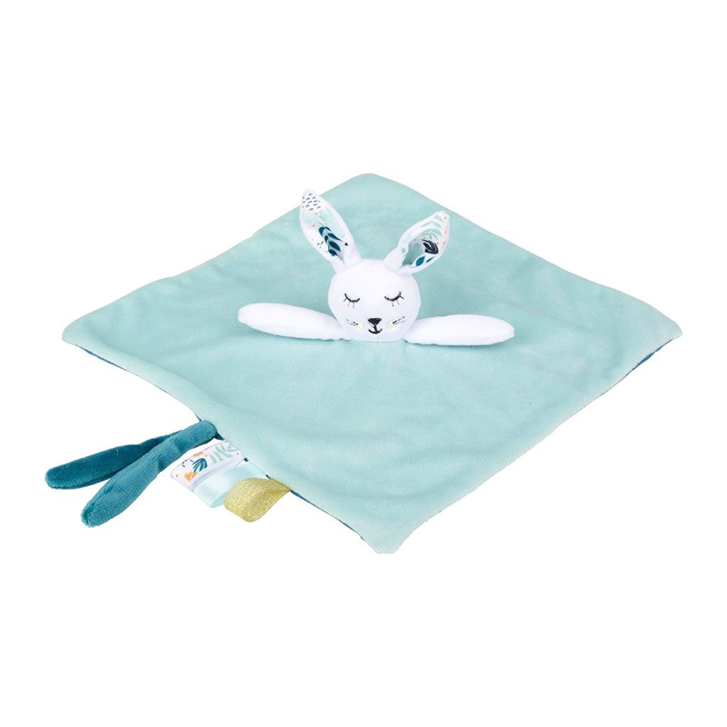 Doudou carré bleu turquoise lapin enfant 23x9x23cm