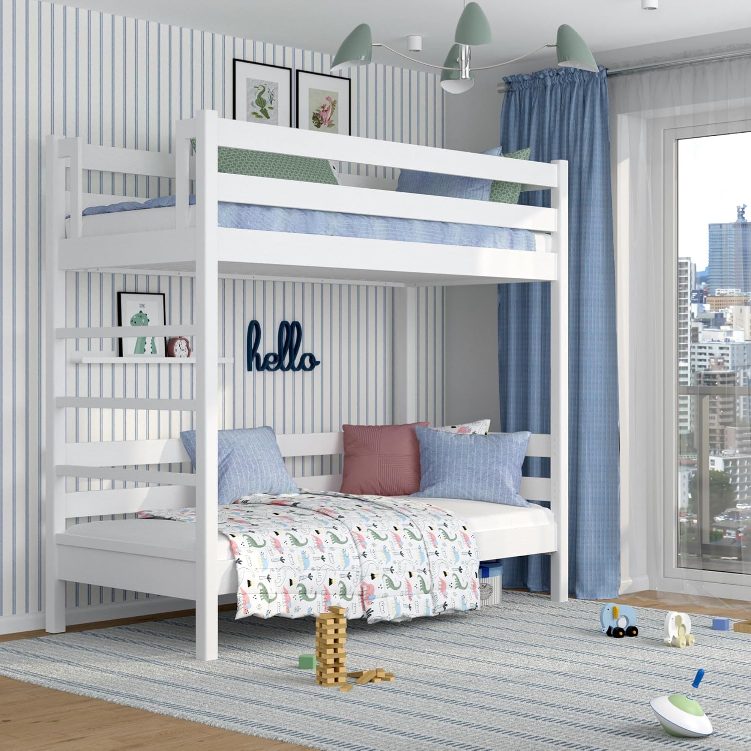 N03 Etagenbett 90x200 cm, Kinderbett mit Leiter, 2 Leitermontageseiten: Links oder rechts, sichere abgerundete Kanten, Stabile Massivholzkonstruktion, Hochwertige Materialien, Weiß