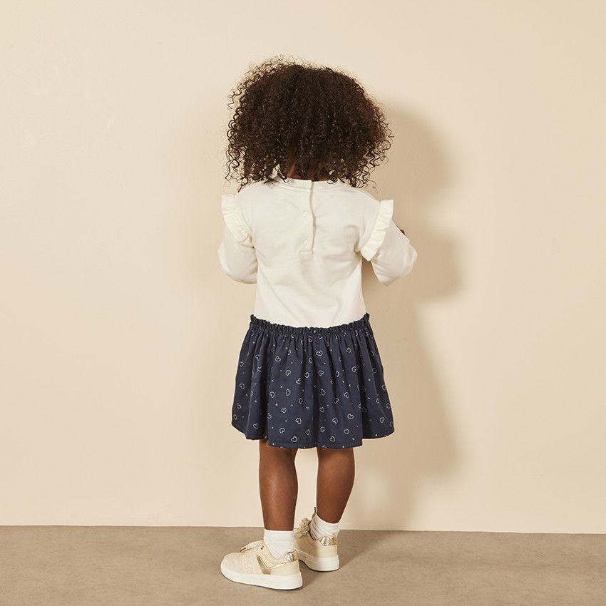 Robe bi-matière effet 2 en 1 print oiseau pour bébé fille - Ecru