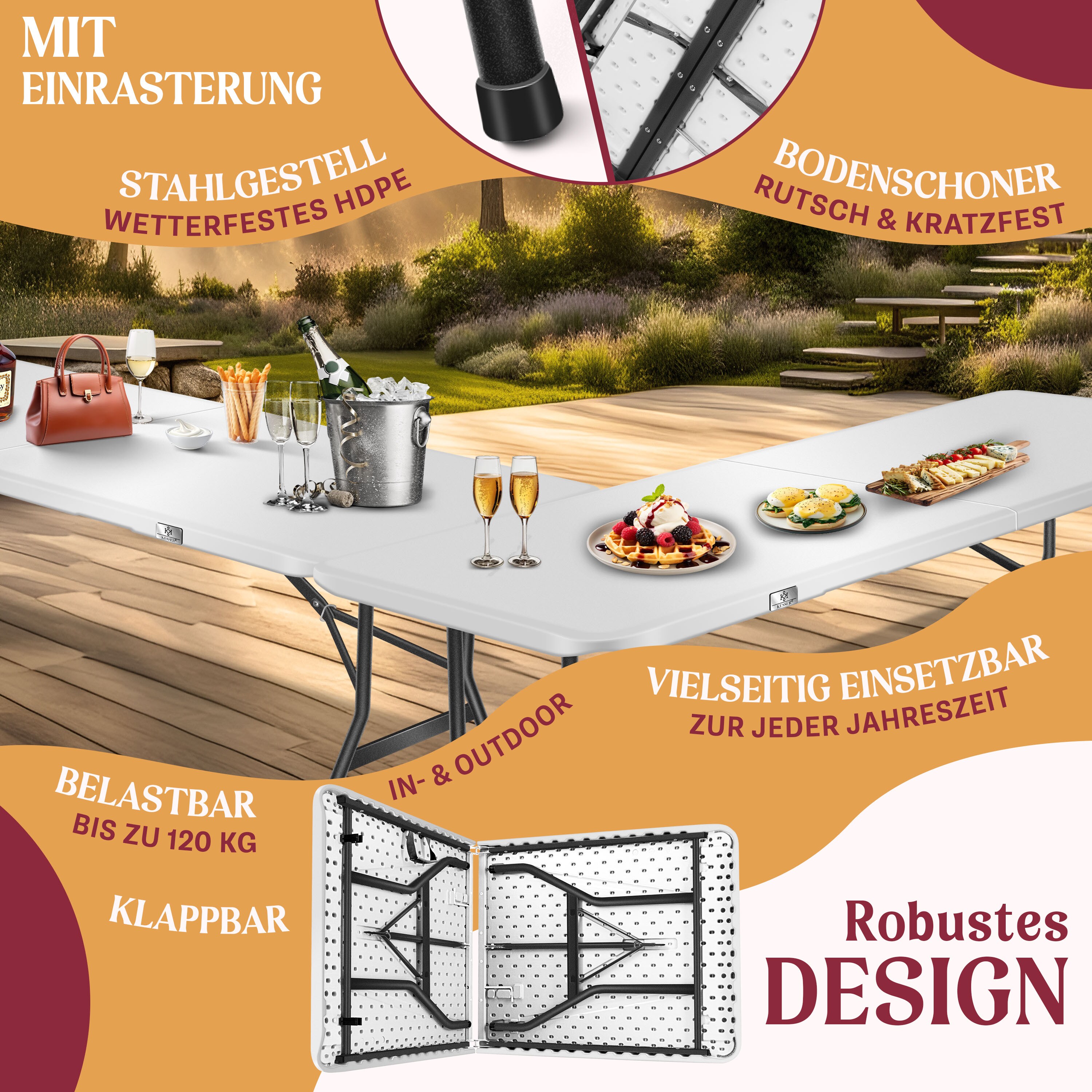 KESSER® Buffettisch Tisch klappbar Kunststoff 183x76 cm Campingtisch Partytisch Klapptisch Gartentisch für Garten, Terrasse und Balkon zusammenklappbar 8 Personen inkl. Tragegriff und Cover