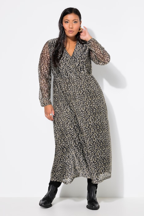 Maxi-Meshkleid, A-Line, Leo-Print, Ballonärmel