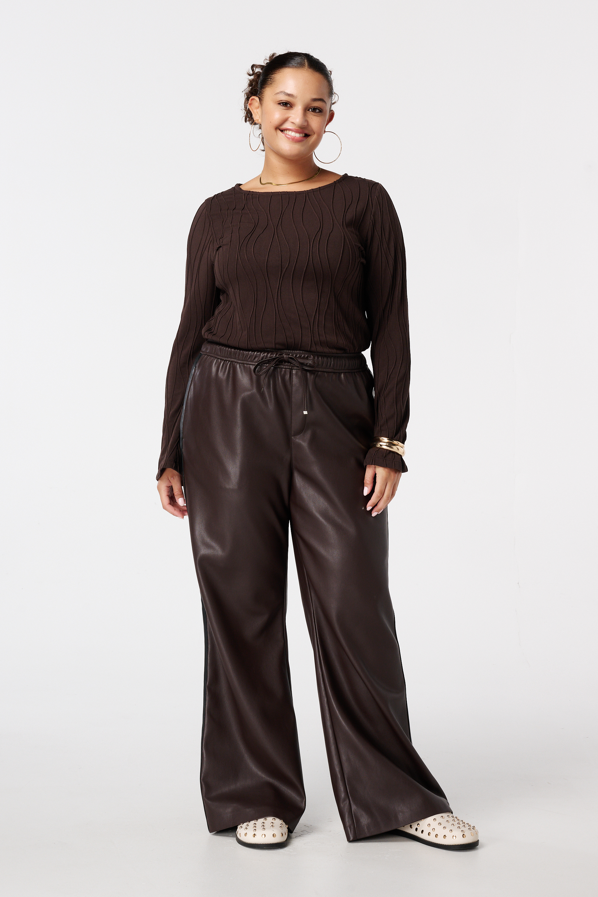 Wide leg broek met zijstreep van PU Donker bruin