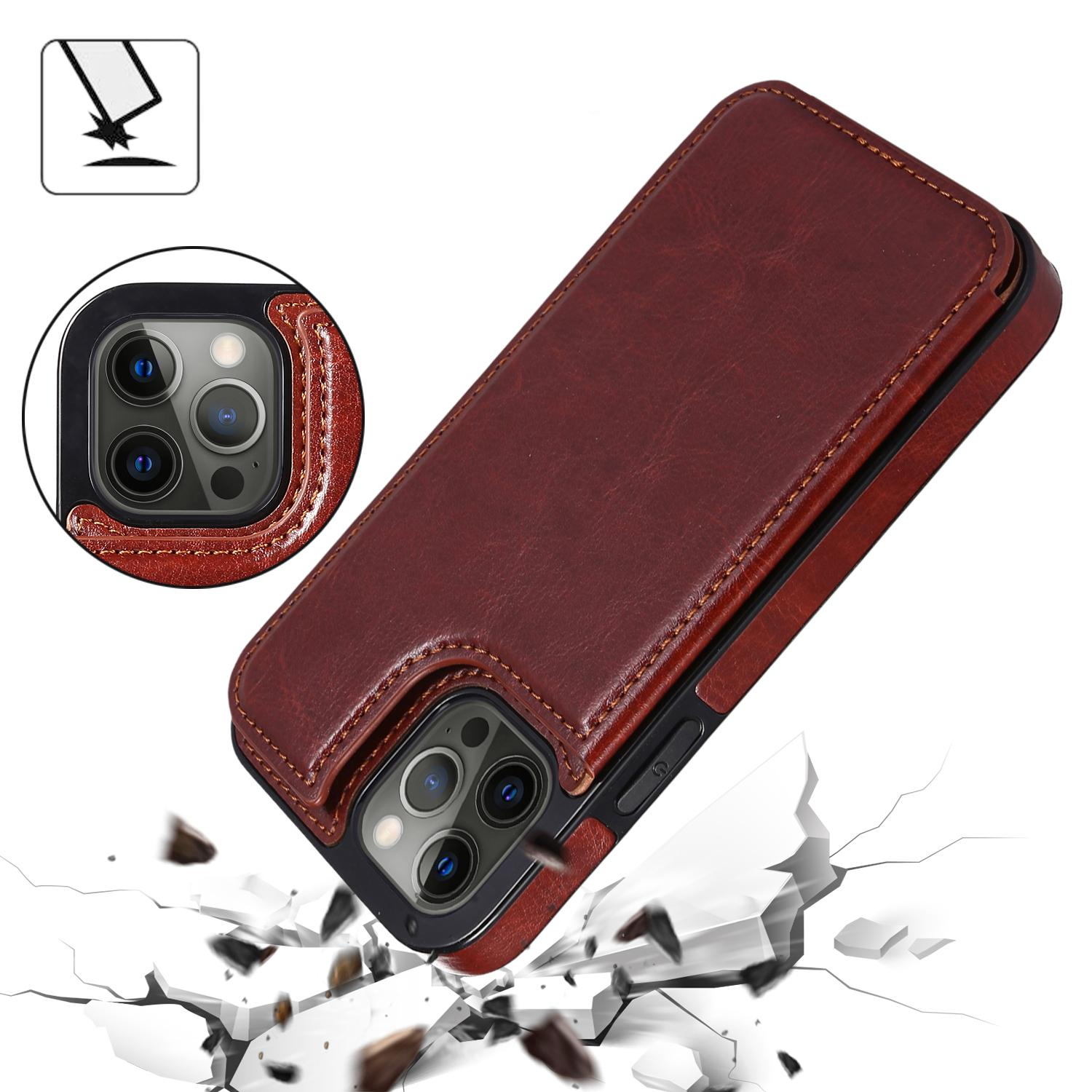 iPhone 14 Pro Max Hybrid Leder Hülle mit Kartenfach   Kickstand Aufsteller - Braun