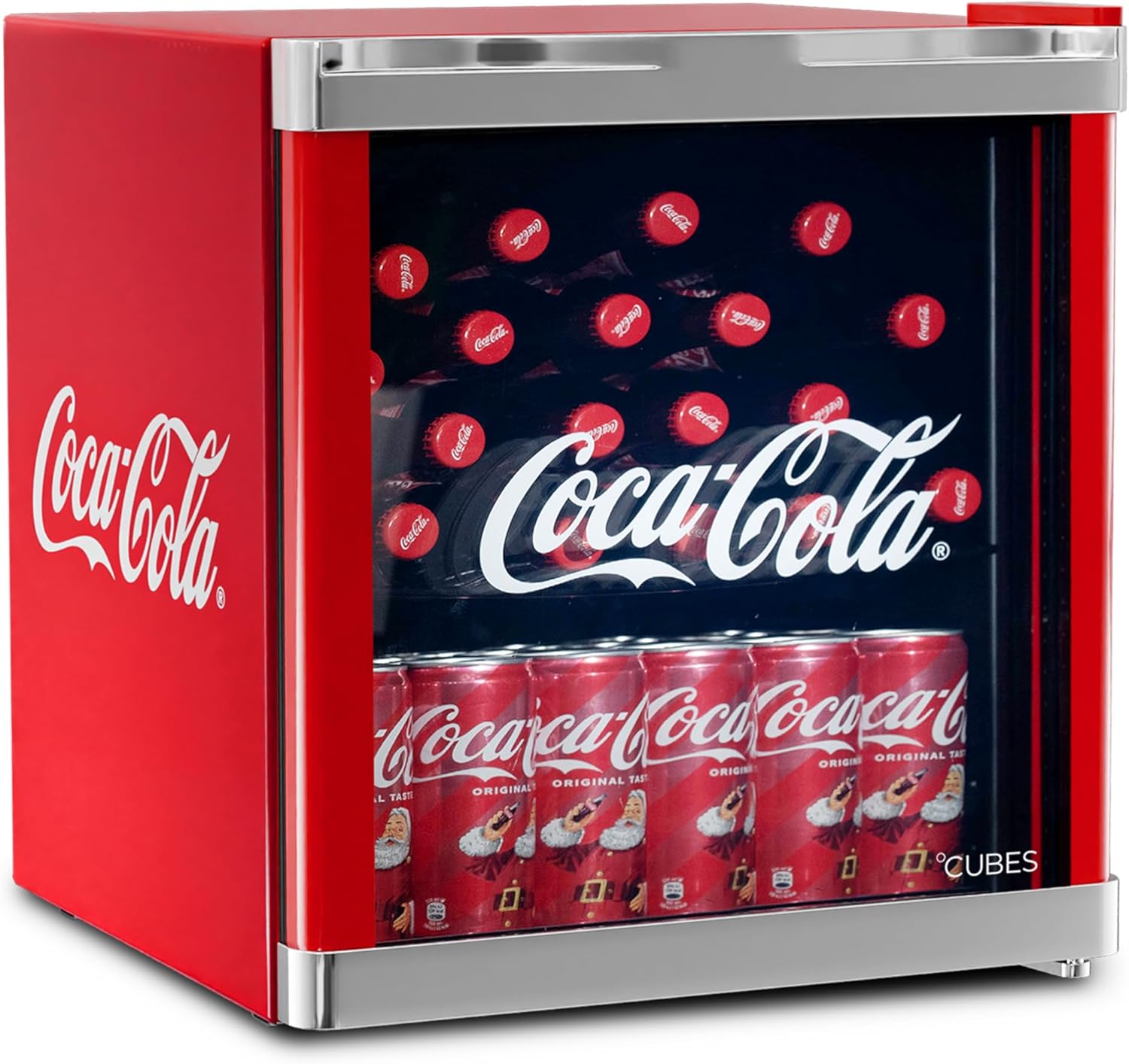 °CUBES Original Coca-Cola Mini Kühlschrank Rot 48L - Getränkekühlschrank mit Glastür, leise & energieeffizient - Für Büro, Partys & Gaming - Cooler Flaschenkühlschrank - Mini Kühlschrank für Getränke