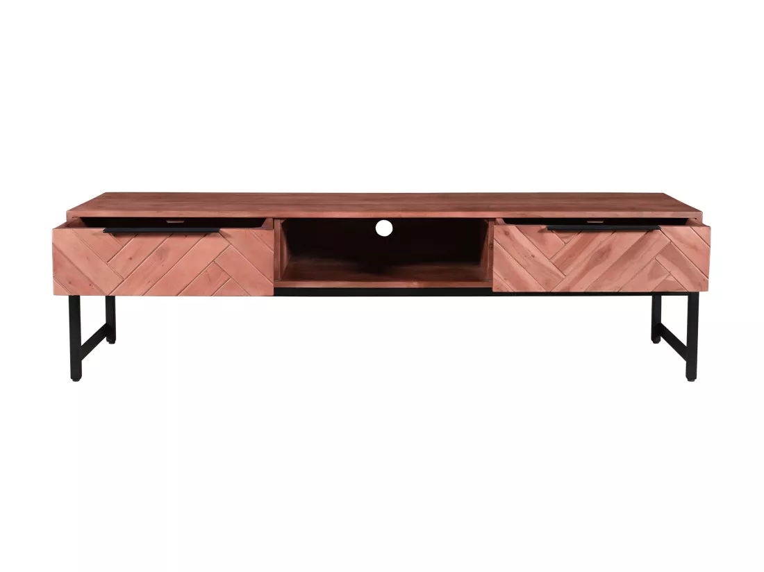 Meuble TV 2 tiroirs et 1 niche en bois d'acacia et métal - Naturel foncé et Noir - VEDILA