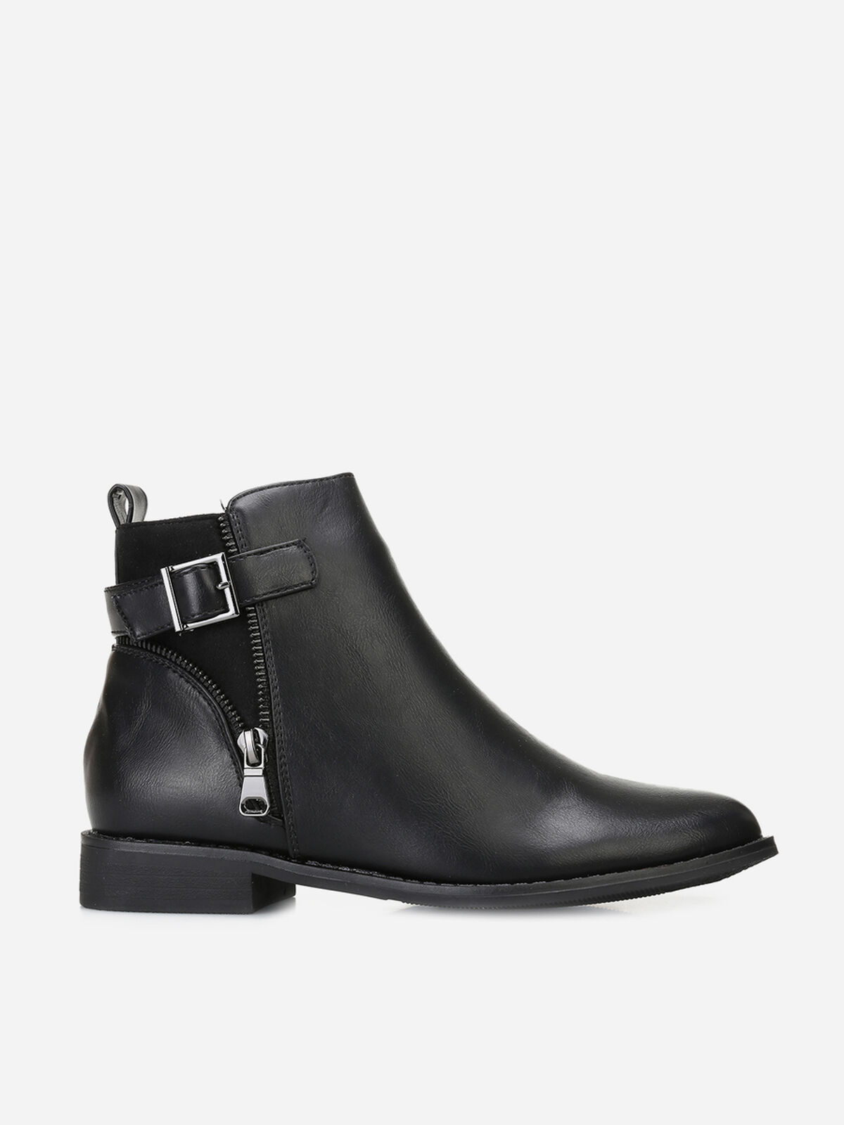 Bottines bi-matières zippées et à boucle- Noir