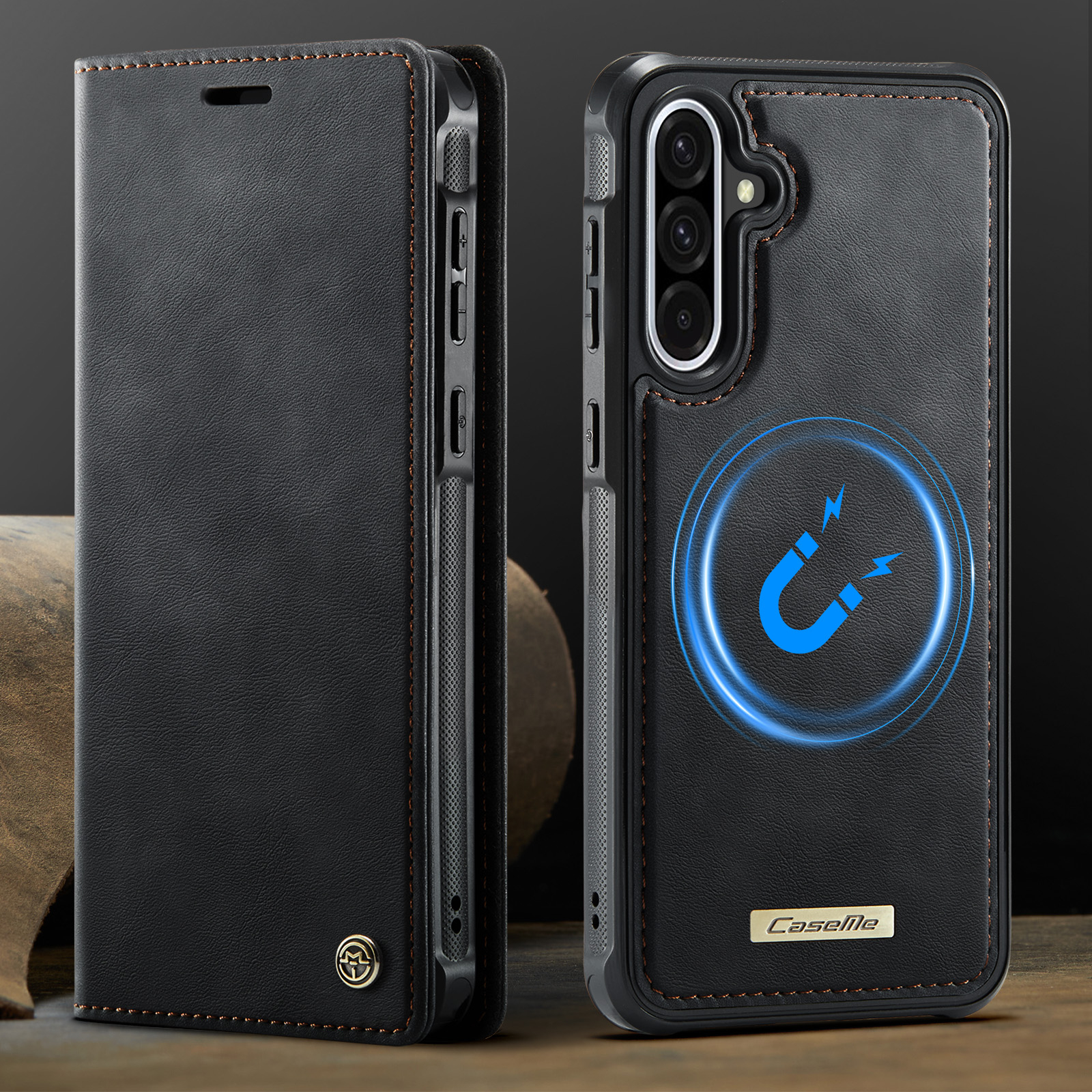 Samsung Galaxy A56 2in1 Leder Tasche   Magnet Hardcase Karten Etui MagSafe-Modul (RFID Schutz) - Schwarz