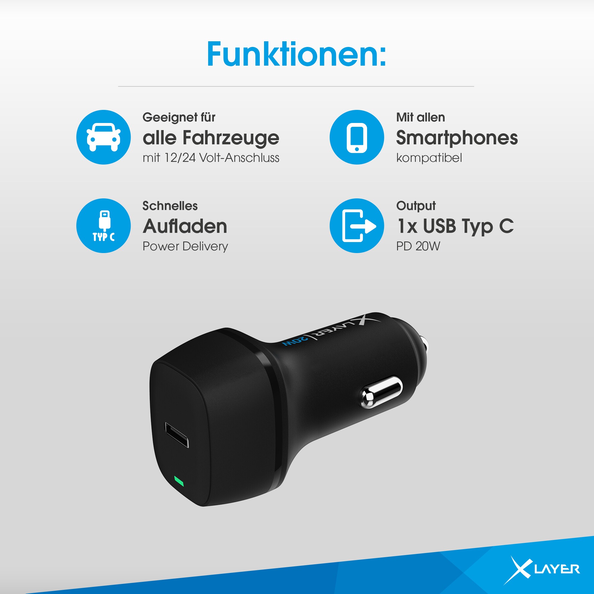 Xlayer Charger Kfz-Ladegerät USB-C PD 20W Adapter Schnellladegerät