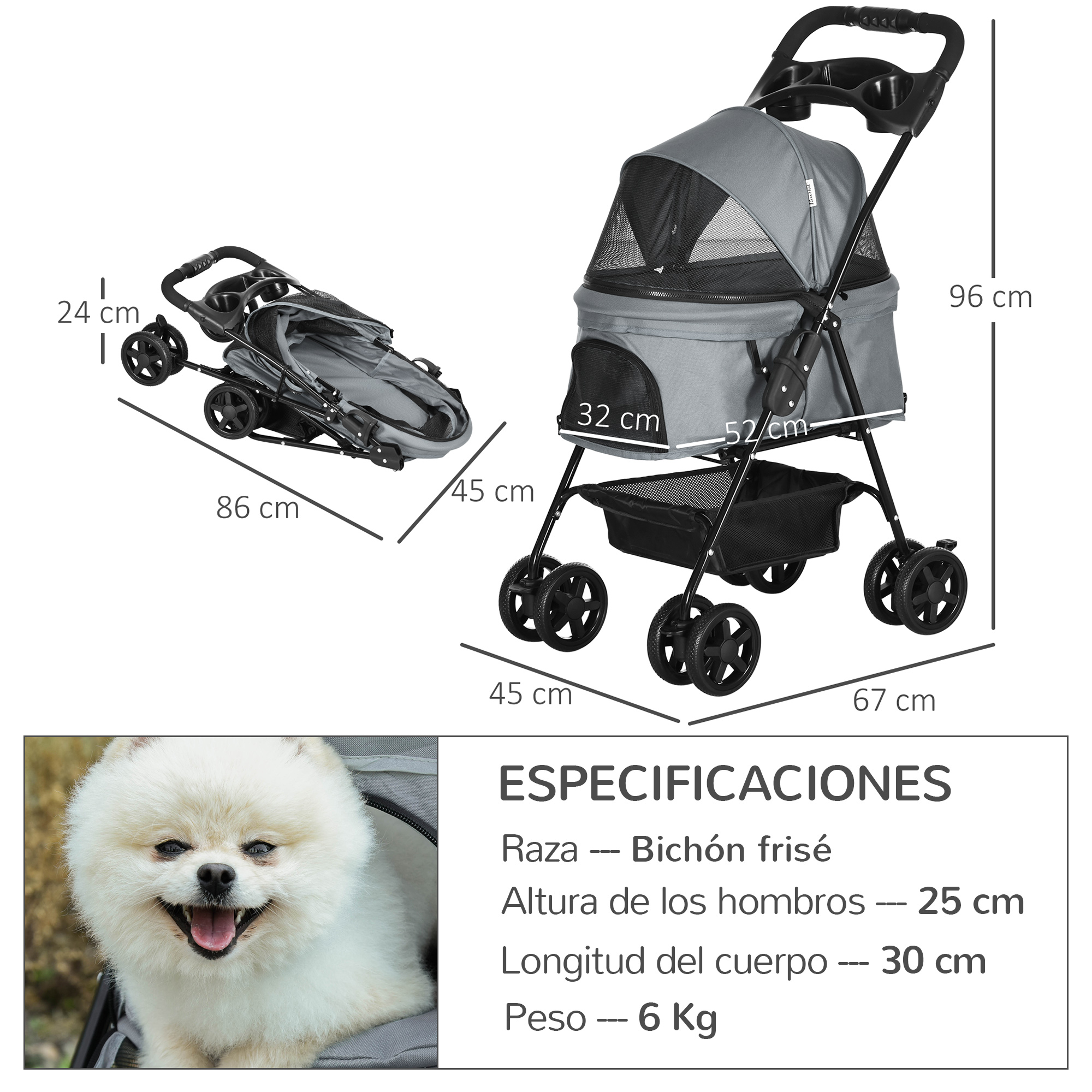Carrinho de passeio dobrável e removível para animais de estimação PawHut