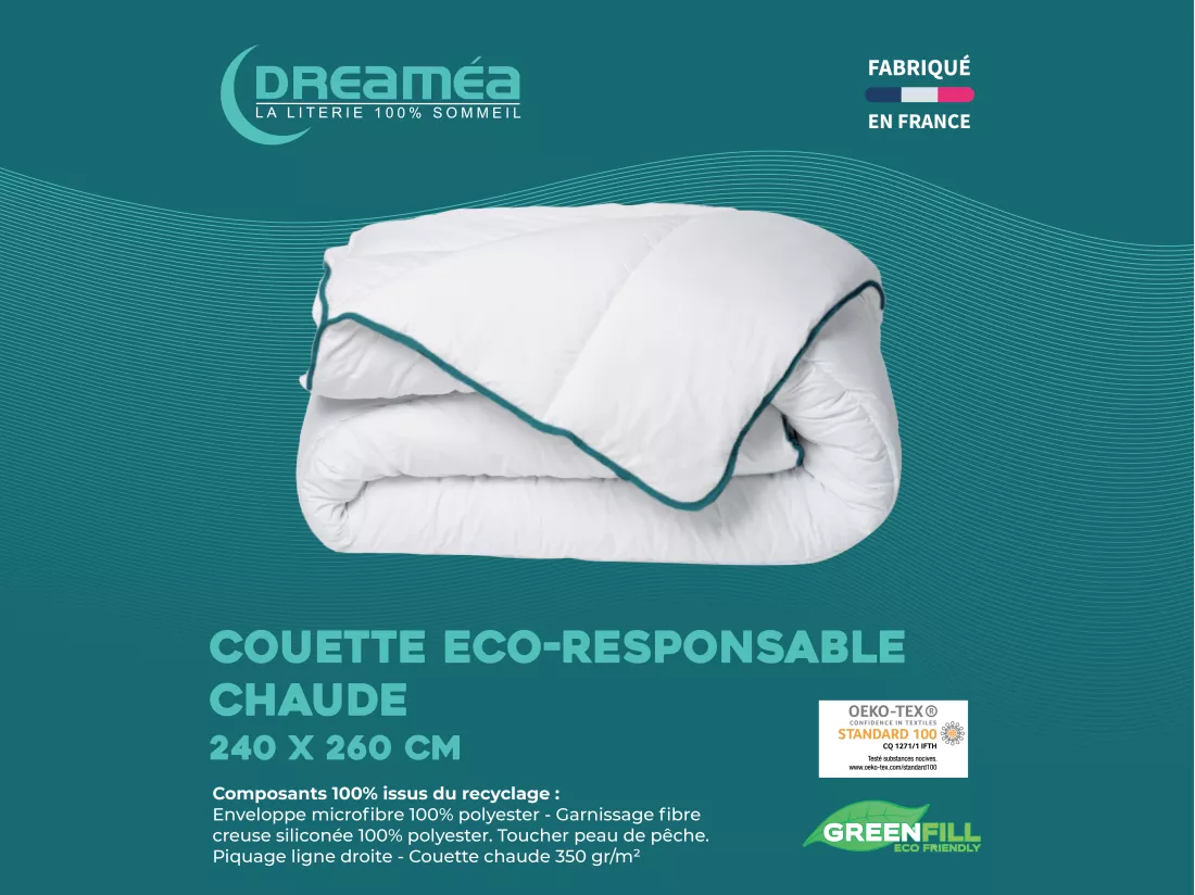 Couette chaude recyclée de DREAMEA en microfibre - 240 x 260 cm - 350 gr/ m² - Biais bleu - ROSA