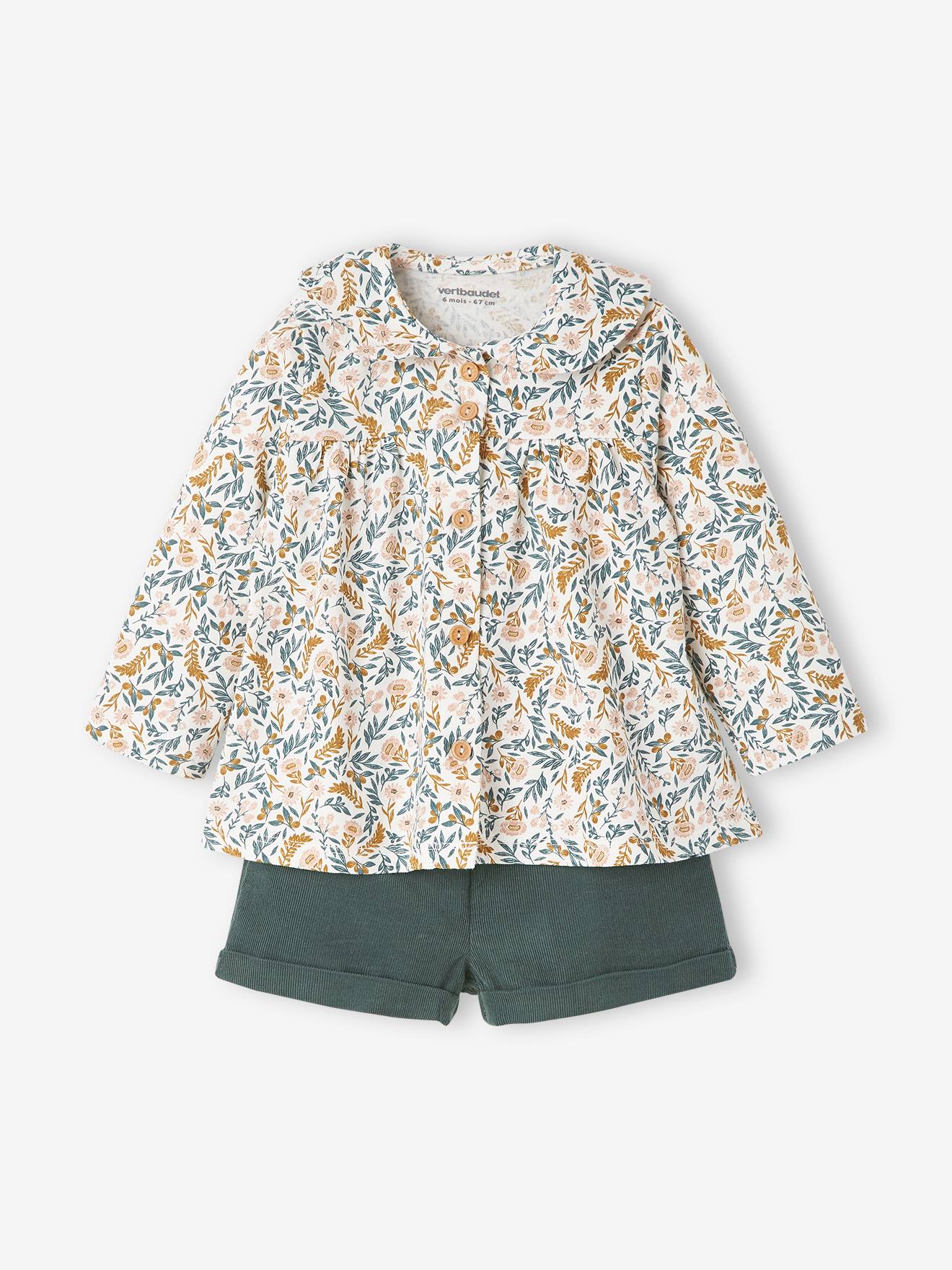 Conjunto de 3 peças para bebê menina, camiseta, shorts de veludo cotelê e faixa de cabelo, verde escuro liso.