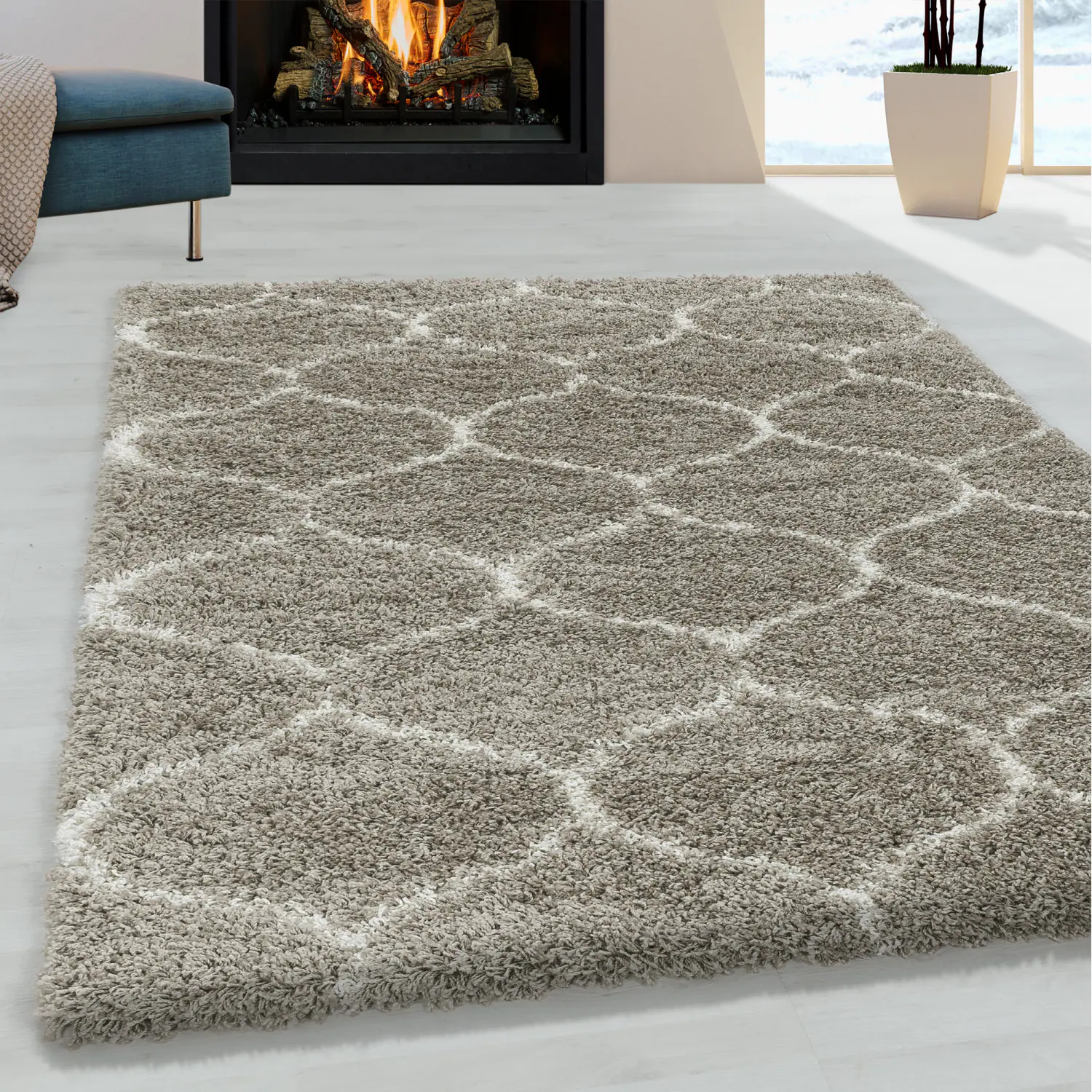 Stilvoller Designer Hochflor Teppich, Skandinavisches Flair, Flauschiger Teppich