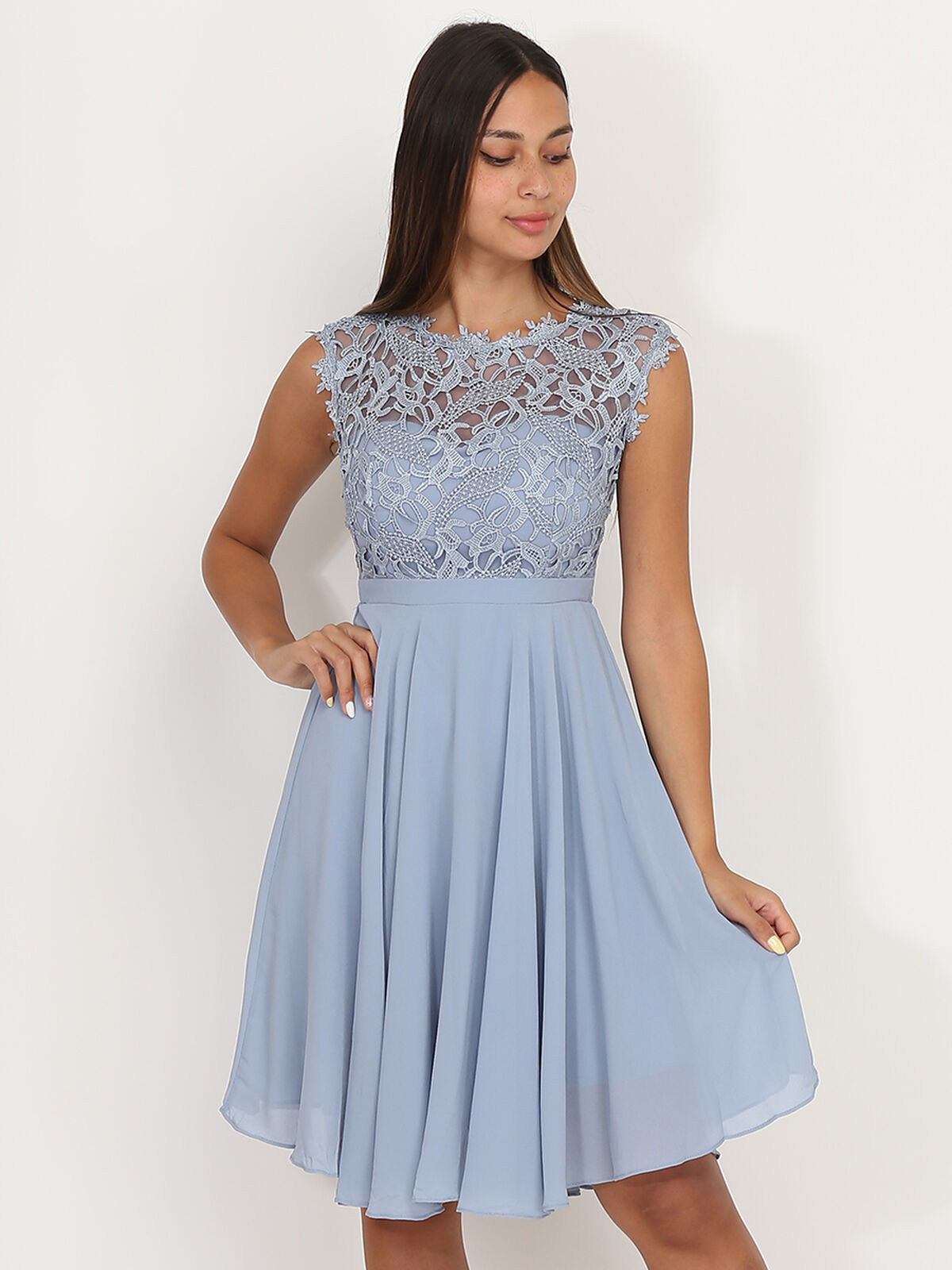 Robe de cérémonie avec dentelle- Bleu givré