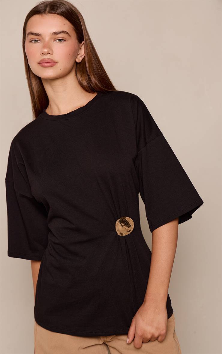 Noir T-shirt Oversize Avec Détail Taille Froncée En Coton